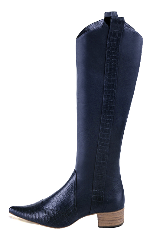 Navy blue women's cowboy boots. Tapered toe. Low leather soles. Made to measure. Profile view - Florence KOOIJMAN